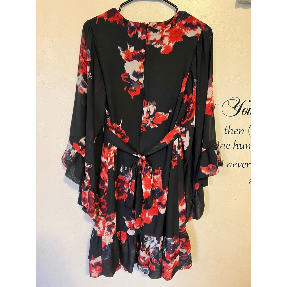 Betsey Johnson Floral Bell Sleeve Mini Dress Dark Romantic Date 90s Y2K V-Neck - Picture 8 of 8
